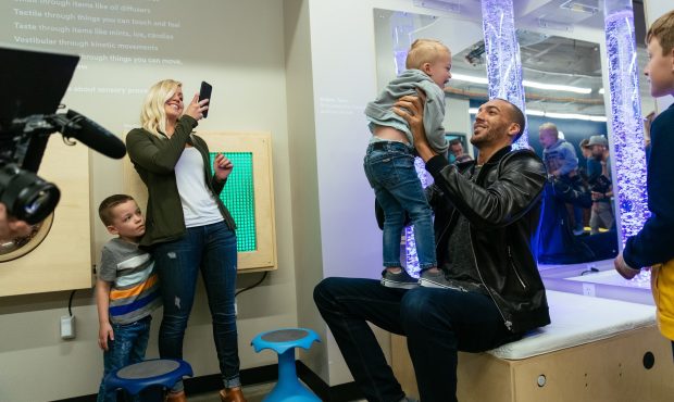 Children play in the sensory room with the NBA's Utah Jazz player Rudy Gobert....