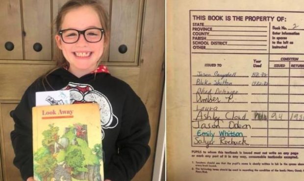 Marley Parker holds a book assigned to her that was apparently used by singer Blake Shelton in 1982...