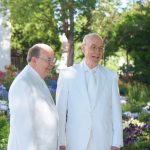 President Henry B. Eyring and Elder Quentin L. Cook outside the Jordan River Temple.