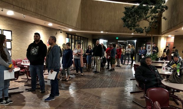 Voters wait in line on Election Day to vote for candidates and ballot initiatives....