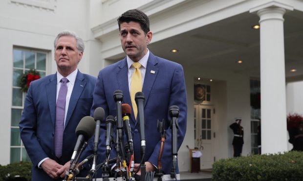 Speaker of the House Paul Ryan (R-WI) and House Majority Leader Kevin McCarthy (R-CA) talk to journ...