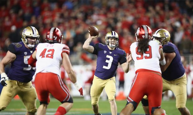 Jake Browning #3 of the Washington Huskies passes the ball against the Utah Utes during the Pac 12 ...