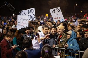 Former candidate for U.S. Senate Beto O'Rourke takes selfies with well-wishers at a rally to protest a U.S./Mexico border wall being pushed by President Donald Trump February 11, 2019 in El Paso, Texas. The event was organized by Border Network for Human Rights and the Women's March El Paso on the same day Trump was holding a rally in support of the wall, also in El Paso. (Photo by Christ Chavez/Getty Images)