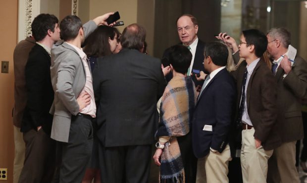 en. Richard Shelby (R-AL) talks to reporters during a break in a bipartisan negotiation meeting ove...