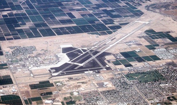 An aerial view of the U.S. Marine Corps Air Station Yuma, Arizona (USA), in 1992. PH2 Bruce Trombec...