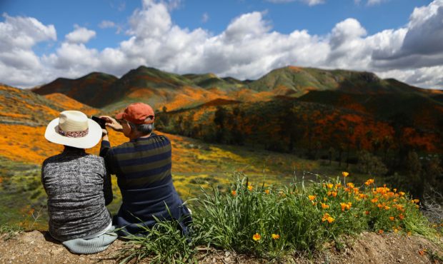 LAKE ELSINORE, CALIFORNIA - MARCH 12: People photograph a ‘super bloom’ of wild poppies blanket...