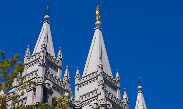 The spires of the Salt Lake Temple of The Church of Jesus Christ of Latter-day Saints. (Photo by Ge...