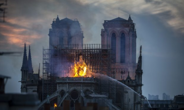 PARIS, FRANCE - APRIL 15: Smoke and flames rise from Notre-Dame Cathedral on April 15, 2019 in Pari...