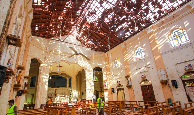 NEGOMBO, SRI LANKA - APRIL 21: Sri Lankan officials inspect St. Sebastian's Church in Negombo, nort...