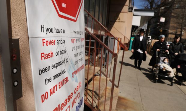NEW YORK, NEW YORK - APRIL 10: A sign warns people of measles in the ultra-Orthodox Jewish communit...