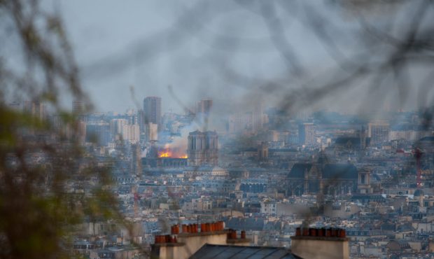 PARIS, FRANCE - APRIL 15: A view of Notre-Dame Cathedral on fire as seen from Montmartre on April 1...