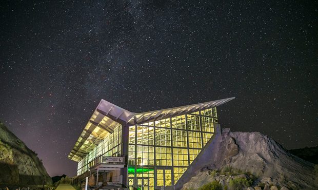 acob Holgerson, National Park Service Stars fill the sky above the Quarry Exhibit Hall in Dinosaur ...