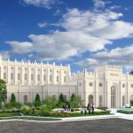 New temple annex perspective showing the west tower of the St. George Utah Temple.