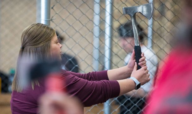 Lydia Bingham competes in a competition at Social Axe Throwing in Salt Lake City on Oct. 6, 2018 (Q...