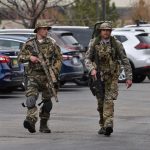 HIGHLANDS RANCH, COLORADO - MAY 07: Officers patrol the scene of a shooting in which at least seven students were injured at the STEM School Highlands Ranch on May 7, 2019 in Highlands Ranch, Colorado. (Photo by Tom Cooper/Getty Images)