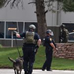 HIGHLANDS RANCH, COLORADO - MAY 07: Officers patrol the scene of a shooting in which at least seven students were injured at the STEM School Highlands Ranch on May 7, 2019 in Highlands Ranch, Colorado.  (Photo by Tom Cooper/Getty Images)