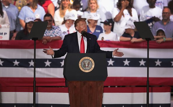 U.S. President Donald Trump speaks during a rally at the Aaron Bessant Amphitheater on May 8, 2019 ...