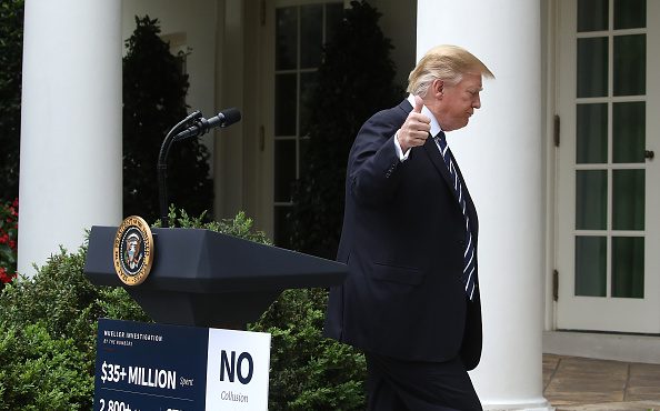 President Donald Trump walks away after speaking about Robert Mueller's investigation into Russian ...