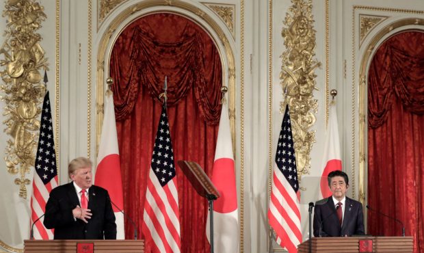 TOKYO, JAPAN - MAY 27: U.S. President Donald Trump, left, speaks as Shinzo Abe, Japan's prime minis...