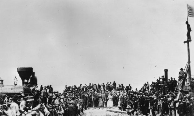 10th May 1869:  The golden spike is ceremonially driven in, completing the first transcontinental r...