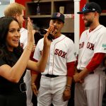 LONDON, ENGLAND - JUNE 29:  Prince Harry, Duke of Sussex and Meghan, Duchess of Sussex meet members of the Boston Red Sox before their game against the New York Yankees at London Stadium on June 29, 2019 in London, England. The game is in support of the Invictus Games Foundation. (Photo by Peter Nicholls - WPA Pool/Getty Images)