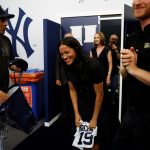 LONDON, ENGLAND - JUNE 29:  Manager Aaron Boone of the New York Yankees presents a gift for Archie to Prince Harry, Duke of Sussex and Meghan, Duchess of Sussex before their game against the  Boston Red Sox at London Stadium on June 29, 2019 in London, England. The game is in support of the Invictus Games Foundation. (Photo by Peter Nicholls - WPA Pool/Getty Images)