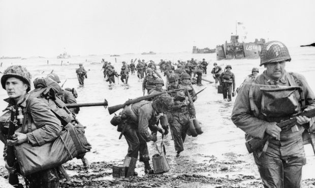 6th June 1944:  US Assault Troops seen here landing on Omaha beach during the Invasion of Normandy....