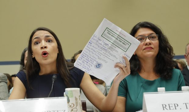 Rep. Alexandria Ocasio-Cortez, D-NY., left, testifies before the House Oversight Committee hearing ...