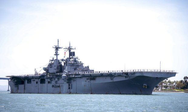 In this May 1, 2019, photo provided by the U.S. Navy, the amphibious assault ship USS Boxer (LHD 4)...