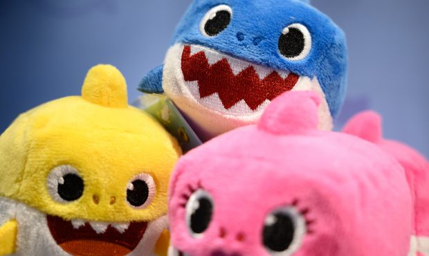 LONDON, ENGLAND - JANUARY 22: A selection of "Baby Shark" toys are seen on a display at the annual ...
