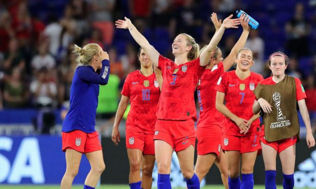 Samantha Mewis of the USA celebrates following her sides victory in the 2019 FIFA Women's World Cup...