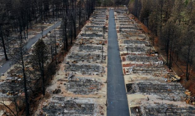 PARADISE, CALIFORNIA - FEBRUARY 11: An aerial view of homes destroyed by the Camp Fire on February ...