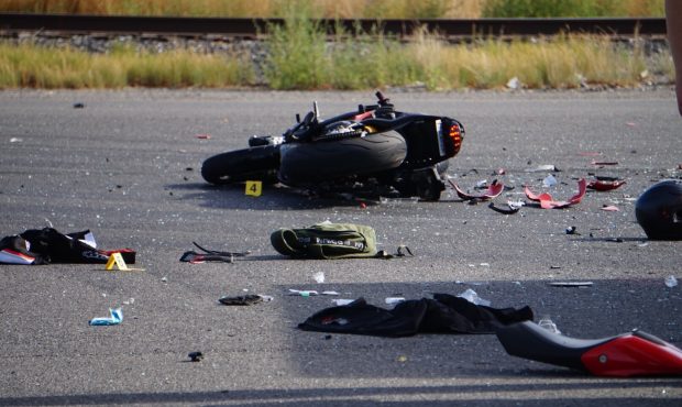 A motorcyclist died after a crash in American Fork on Thursday. (Photo: Derek Petersen)...