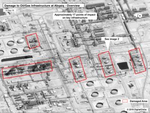 This image provided on Sunday, Sept. 15, 2019, by the U.S. government and DigitalGlobe and annotated by the source, shows damage to the infrastructure at Saudi Aramco's Abaqaiq oil processing facility in Buqyaq, Saudi Arabia. The drone attack Saturday on Saudi Arabia's Abqaiq plant and its Khurais oil field led to the interruption of an estimated 5.7 million barrels of the kingdom's crude oil production per day, equivalent to more than 5% of the world's daily supply. (U.S. government/Digital Globe)