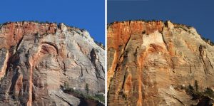 Before and after photos of Cable Mountain in Zion National Park after a rockfall in August of 2019. (Photos: Brian Whitehead, Zion National Park)