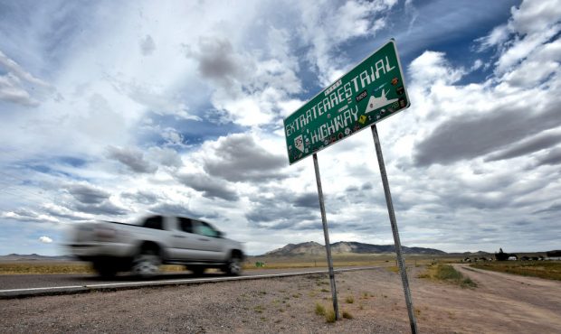 An Extraterrestrial Highway sign is posted along state route 375 on July 22, 2019 in Rachel, Nevada...