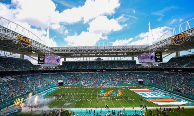 FILE: MIAMI, FLORIDA - SEPTEMBER 08: The Miami Dolphins are introduced prior to the game against th...
