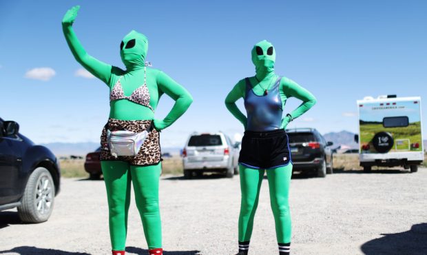 Women are dressed as aliens at a 'Storm Area 51' spinoff event called 'Alienstock' on September 20,...