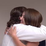 Patient Amanda Grow thanks nurse Holli Barbera for helping her through a difficult recovery after childbirth. 