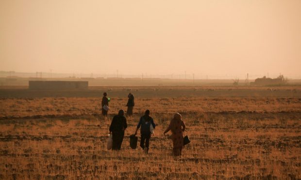 Hundreds of people living in northern Syria near the Turkish border are fleeing, herding their love...