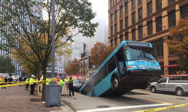 A Pittsburgh bus fell into a sinkhole downtown. The only two people on board, the driver and one pa...
