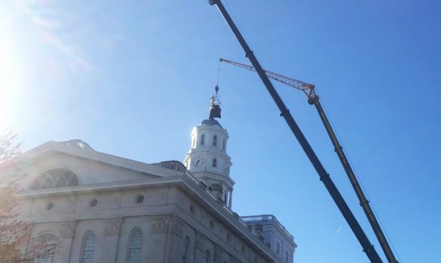The Nauvoo Temple's Angel Moroni statue was damaged over the summer and replaced Tuesday. (Courtesy...