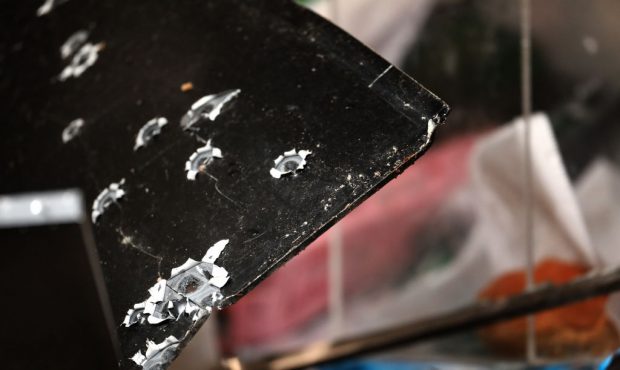 Detail of bullet holes on a piece of material inside the JC Kosher Supermarket on December 11, 2019...