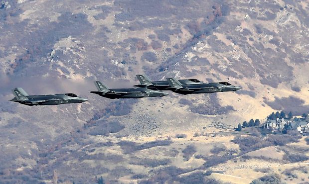 F-35A's of Hill Air Force Bases 388th and 419th fighter wings fly over the Ogden Valley in formatio...