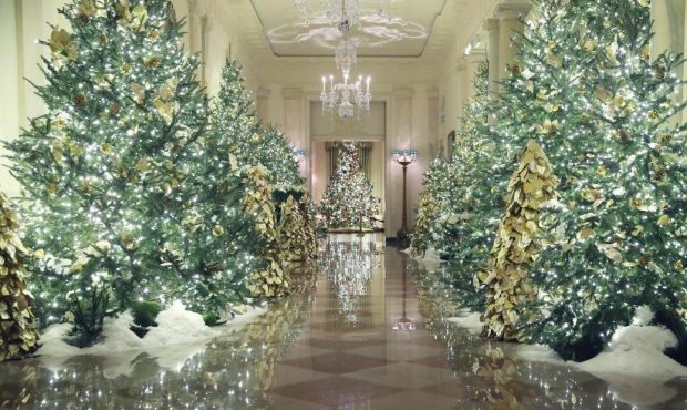 Christmas decorations are on display in the Grand Foyer at the White House December 2, 2019 in Wash...