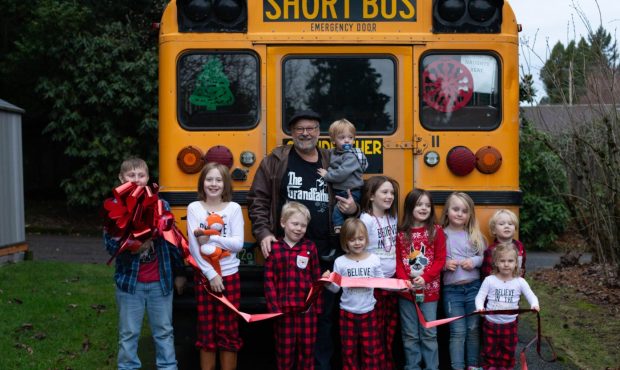 A grandfather in Oregon just bought a small school bus so he can take his 10 grandchildren to schoo...