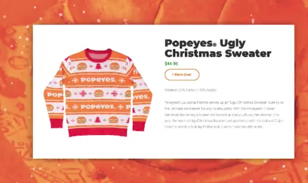 Popeye's is selling an ugly Christmas chicken sandwich sweater for $44.95....