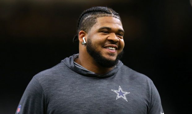 NEW ORLEANS, LOUISIANA - SEPTEMBER 29: La'el Collins #71 of the Dallas Cowboys reacts during a game...