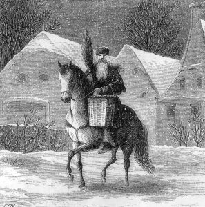 Circa 1850: Engraving of St Nicholas carrying a tiny Christmas tree in a basket while riding a horse past houses in the snow, mid-to-late nineteenth century. (Photo by Hulton Archive/Getty Images)