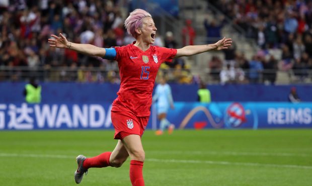Megan Rapinoe of the USA celebrates after scoring her team's ninth goal during the 2019 FIFA Women'...